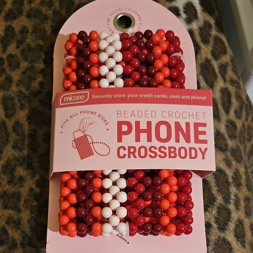 Red and White Beaded Phone Case with Crossbody Strap